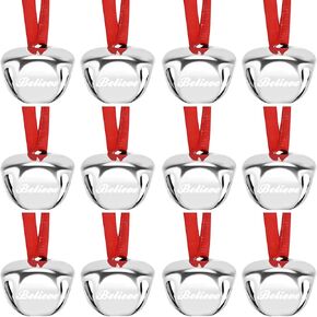 12PCS Christmas Believe Bell Ornaments Mini Metal Silver Sleigh Bell with Red Ribbon Christmas Hanging Bell Decoration for Christmas Tree Wedding Baby Shower Home Party