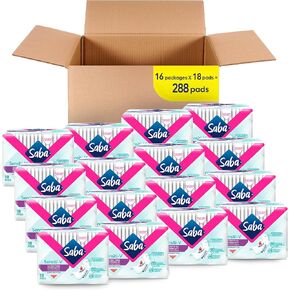 Saba Sensiti-V Ultra Thin Pads for Women | Pads with Wings for On-The-Go | Free from Fragrances & Dyes | 288 Pads (16 Packages, 18 Pads Each)