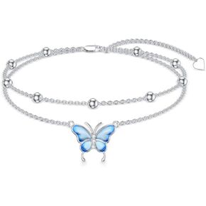 Diamond Butterfly Anklets 925 Sterling Silver Blue Buttefly Double Layer Anklets Bracelet Jewelry Gifts for Women Daughter Friends, 9'' + 2''
