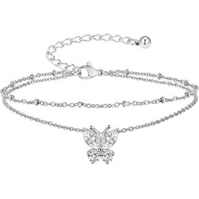 Suplight Anklets for Women, Simple Dainty Butterfly/Heart Birthstone Layered Waterproof Ankle Bracelet Beach Foot Jewelry, 8.7-10.7 Inch Adjustable