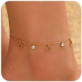 Gold Ankle Bracelets for Women 18K Gold Plated Waterproof Starfish Sea Shell Pearls CZ Diamond Dangle Anklets Trendy Summer Beach Foot Chain Jewelry Gift