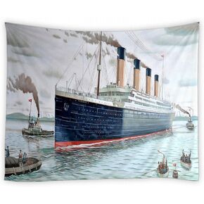 jingjiji Nautical Tapestry Wall Hanging Vintage Classic Titanic Ship Ocean Scenery Watercolor Art Wall Hanging Tapestries Decor Bedroom Living Room Dorm Polyester Fabric 60 W x 51 L Inch Dark Blue