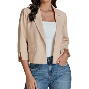 luvamia Linen Blazers for Women Business Casual Cropped 3/4 Sleeve Lightweight Lined Work Office Suit Blazer Jackets