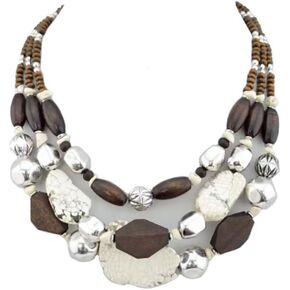 Secret for Longevity Triple Strand Resin White Buffalo Turquoise, Silver, Wood Neutral Earth Tones Big Chunky Western Style Statement Necklace