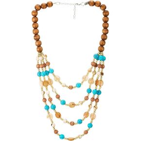 COOLSTEELANDBEYOND Boho Multi-Layer Beaded Necklace, Colorful Wooden and Gemstone Beads, Statement Necklace, Waterfall