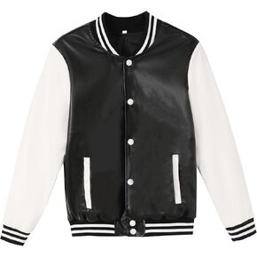 BAICAIYU Kids Baseball Leather Jackets Boys and Girls Varsity PU Letterman Coat Button Cardigan Bomber Lightweight Jacket