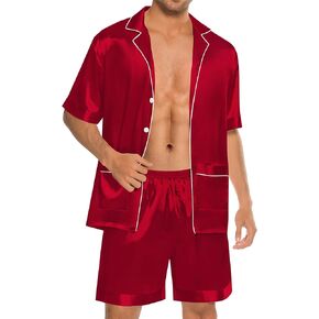 SWOMOG Mens Silk Pajama Set 2 Pieces Short Sleeve Soft Satin Sleepwear Button Down Pj
