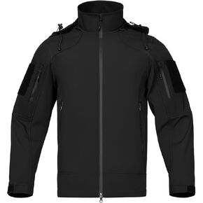 Men's Tactical Softshell Jacket Waterproof Windbreaker w/Lightweight Fleece Lining Detachable Hood for Hiking Work Travel, 3XL