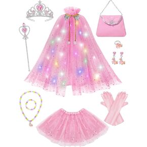 Light Up Princess Dress Up for Girls Aged 3 4 5 6, Princess Toy with Cape and Skirt for Kids Birthday Gift