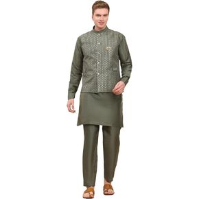 Mens Indian Traditional Silk Kurta Set With Jacket For Men Floral Design (C-114)