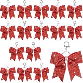16Pcs Cheer Bow Keychain with Glitter Rhinestones & Sequins, Cheerleading Keyring Charm for Girls' School & Senior Cheer Bow Accessories, Red