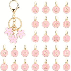 Alphabet Charms and Flower Keychain, Initial Keychain for Girls,Flower Key Chain with 26 pcs A to Z Round Shaped Double Sided Letter Charms,Cute Pink Letter Keyring for Backpack Handbag