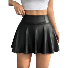 SweatyRocks Girl's Ruffle A Line PU Leather Skirt High Waisted Skater Skirts Skorts with Phone Pocket