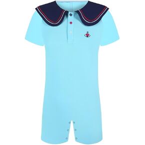 Men’s Cotton Onesie Sailor Collar Bodysuit Short Sleeve Print Romper Pajama - Captain