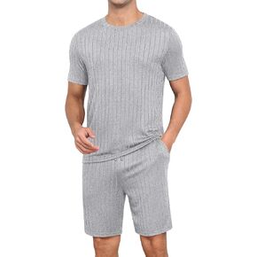 RQP Men's Pajama Set Summer Lightweight Ribbed Lounge Wear Breathable 2 Piece SleepShorts & Tee,Stretch Home Outfits for Men