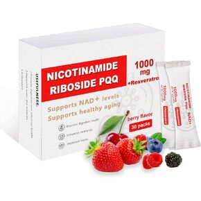 NAD Supplement 1000mg, NAD Nicotinamide Riboside Resveratrol Supplements with PQQ, Extra Strength NMN Alternative for Women & Men, NAD+ Berry Flavor - 30 Packets