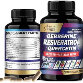 Organic Cadane Resveratrol Supplement - 10in1 Plus with Quercetin, Berberine, Green Tea, Grape Seed, Hawthorn Berry, Turmeric, Rhodiola Rosea, Ginkgo Biloba, and Black Pepper - 60 Capsules