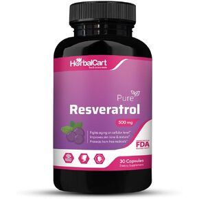 ملحق HerbalCart Pure Resveratrol - 500 ملغ ، مضادات الأكسدة النقية 99 ٪ للشيخوخة الصحية ، الجلد ، الشعر والعافية بشكل عام (حزمة 1)
