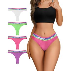Thongs for Women,Cotton Low Rise Seamless Thong Underwear with Letter Print Waistband Ribbed Bikini Panties 4/6 Pack