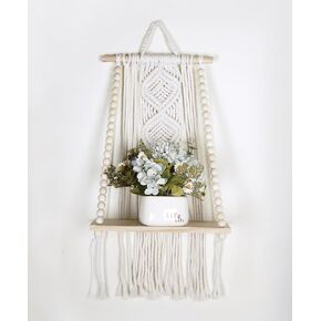 جدار Macrame الخشبي معلق ث/الرف وحبل مزين بالخرز - ديكور غرفة المعيشة الحديثة المصنوعة يدويًا - ديكور جدار ماكرام لعقد النباتات بشكل آمن والمزيد - زخارف بوهو الجميلة للتصميم الداخلي