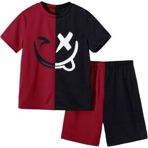 Boy's 2 Piece Summer Outfits Color Block Graphic Tees and Shorts Sets Steetwear Tracksuits