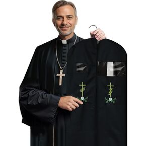 Embroidery Garment Bag for Clergy Shirt Clergy Robe Church Clergy Dress Priest Costume Clergy Attire Pastor Cross Embroidery Storage Bags for Clothes (Black, 60 Inch)