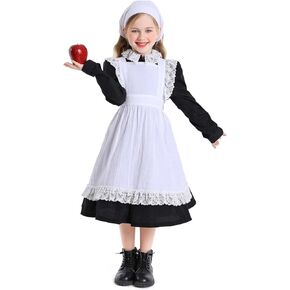 زي الأطفال الأزياء الاستعمارية مجموعة Pioneer Prairie Dress Girls Pilgrim Costume بما في ذلك المآيل البيضاء وغطاء بونيه الرائد