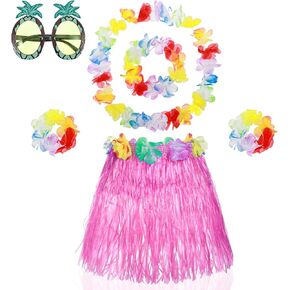 6 Pack Hawaiian Grass Skirt for Girls, Hula Dancing Skirt Cute Glasses Hawaiian Hula Costume Accessory Summer Party Dress Up for Girls