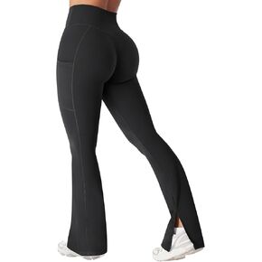 Voyjoy Women's High Werist Split Legging Flare Yoga Pants Hidden Scrunch Leggings مع جيوب جانبية