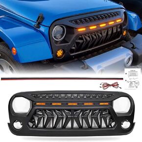 Haitzu Grill Compatible with The Following Models:Jeep Wrangler 2007-2018 JK JUK Shark Grille Accessories Matte Black with 5 Amber Lights Including Unlimited Rubicon Sahara Sport