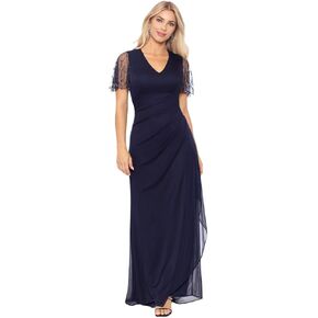 Xscape Women's Women Matte Malersey Maxi Dress مع الأكمام المخرمة و Ruching الجانبية