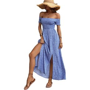 Floerns Women's Boho Ditsy Floral Print Off Shoulder Short Sleeve Split Maxi A Line Dress