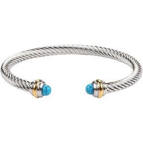 Adjustable Twist Stainless Steel Cable Wire Turquoise Charm Bracelets Friendship Open Bangle Wrist Cuff for Women Men