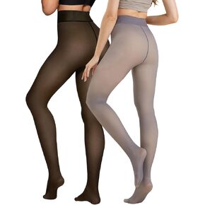2 Pairs Women Fleece Lined Tights - Invisible Crotch Warm Fake Translucent High Waist Women Thermal Tights for Winter