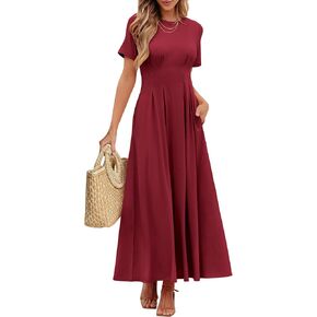 ANRABESS Women's Summer Casual Dress Short Sleeve Crewneck Pleated Waisted Swing Flowy 2025 A Line Beach Maxi Long Dresses