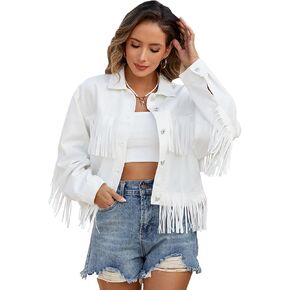 Women Fringe Cropped Trucker Jean Jacket Distressed Western Cowgirl Shacket Coat