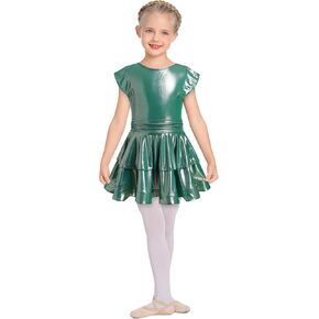 AFAVOM Girls Metallic Wet Look Latin Dance Dress Sparkly Jazz Ballroom Ruffle Rave Festival Outfit Salsa Cha Cha Swing Dress
