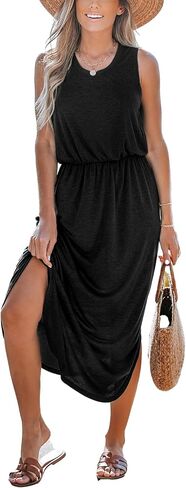 CUPSHE Women Knit Summer Dress Cover Up Crew Neck Elastic Waist Side Slit Midi Casual Sundress Beach Cover Up Dresses in Saudi Arabia