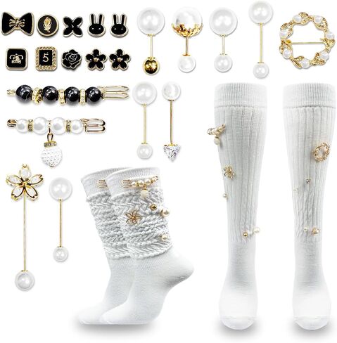 2 Pairs White Slouch Socks with 21 Pcs Sock Charms Pins Jewelry for DIY Socks Shoes Hat Clothing Accessories (White) in Saudi Arabia