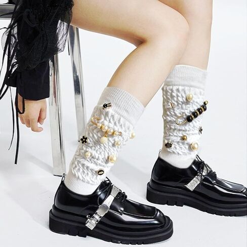 2 Pairs White Slouch Socks with 21 Pcs Sock Charms Pins Jewelry for DIY Socks Shoes Hat Clothing Accessories (White) in Saudi Arabia