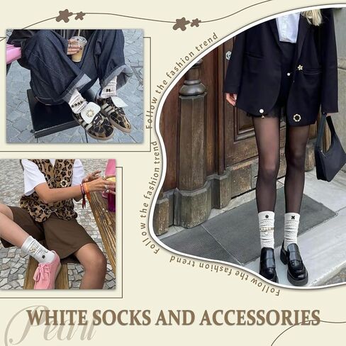 2 Pairs White Slouch Socks with 21 Pcs Sock Charms Pins Jewelry for DIY Socks Shoes Hat Clothing Accessories (White) in Saudi Arabia