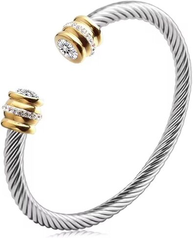 Personalized Cable Cuff Bracelet - Twisted Stainless Steel Bangle with 18K Gold and Birthstones, Custom Two Tone, Adjustable Jewelry Gift for Her in Kuwait