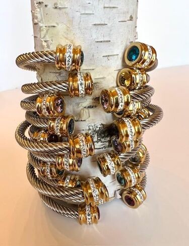 Personalized Cable Cuff Bracelet - Twisted Stainless Steel Bangle with 18K Gold and Birthstones, Custom Two Tone, Adjustable Jewelry Gift for Her in Kuwait