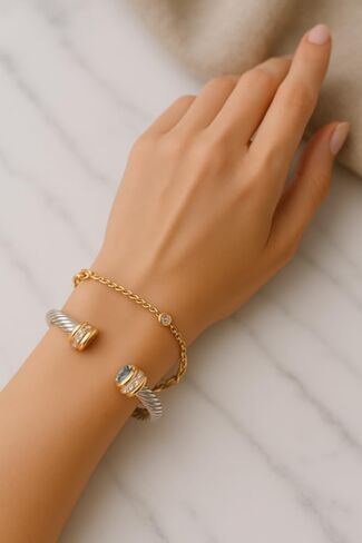 Personalized Cable Cuff Bracelet - Twisted Stainless Steel Bangle with 18K Gold and Birthstones, Custom Two Tone, Adjustable Jewelry Gift for Her in Kuwait