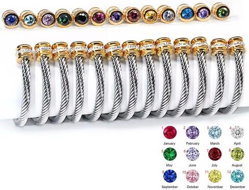 Personalized Cable Cuff Bracelet - Twisted Stainless Steel Bangle with 18K Gold and Birthstones, Custom Two Tone, Adjustable Jewelry Gift for Her in Kuwait