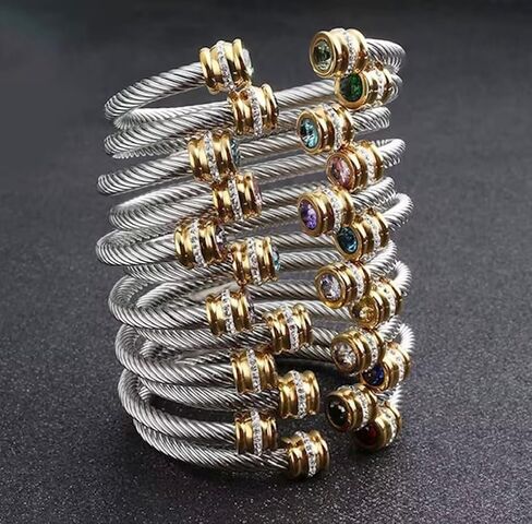 Personalized Cable Cuff Bracelet - Twisted Stainless Steel Bangle with 18K Gold and Birthstones, Custom Two Tone, Adjustable Jewelry Gift for Her in Kuwait
