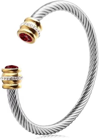 Personalized Cable Cuff Bracelet - Twisted Stainless Steel Bangle with 18K Gold and Birthstones, Custom Two Tone, Adjustable Jewelry Gift for Her in Kuwait
