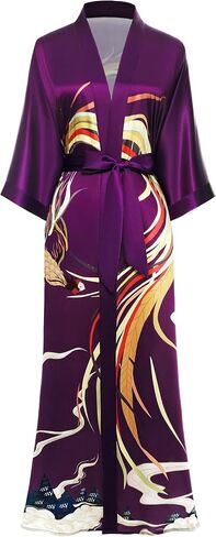 PRODESIGN Long Kimono Robe Satin Sleepwear Phoenix Handprinted Silky Nightgown Bathrobe Blouse Cardigan for Women in Kuwait