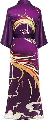 PRODESIGN Long Kimono Robe Satin Sleepwear Phoenix Handprinted Silky Nightgown Bathrobe Blouse Cardigan for Women in Kuwait