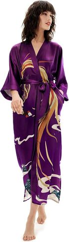 PRODESIGN Long Kimono Robe Satin Sleepwear Phoenix Handprinted Silky Nightgown Bathrobe Blouse Cardigan for Women in Kuwait
